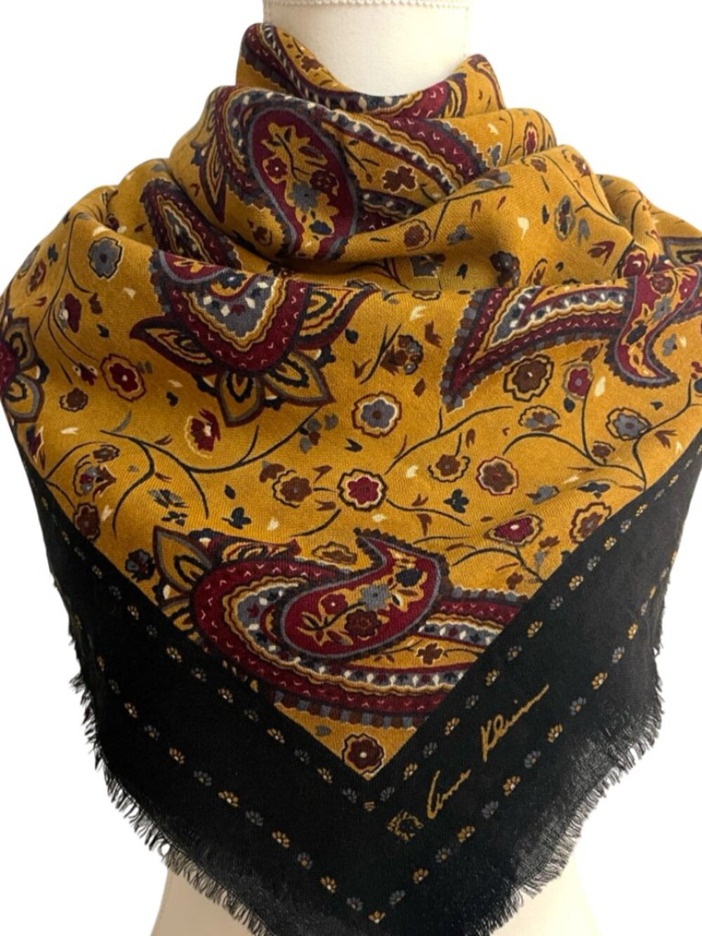 Anne Klein Paisley Square Scarf – Mustard Yellow, Burgundy & Black